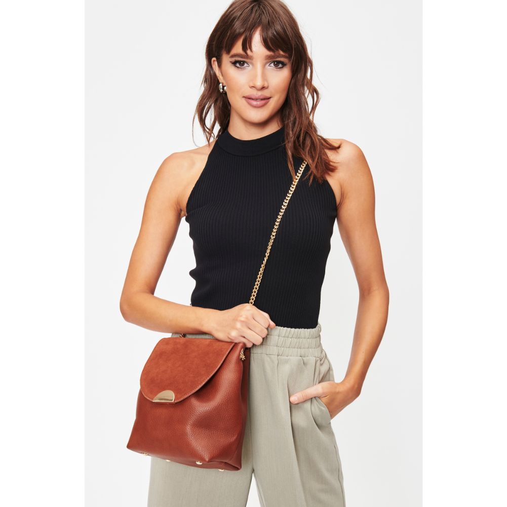 Woman wearing Cognac Moda Luxe Breanna Crossbody 842017128588 View 3 | Cognac