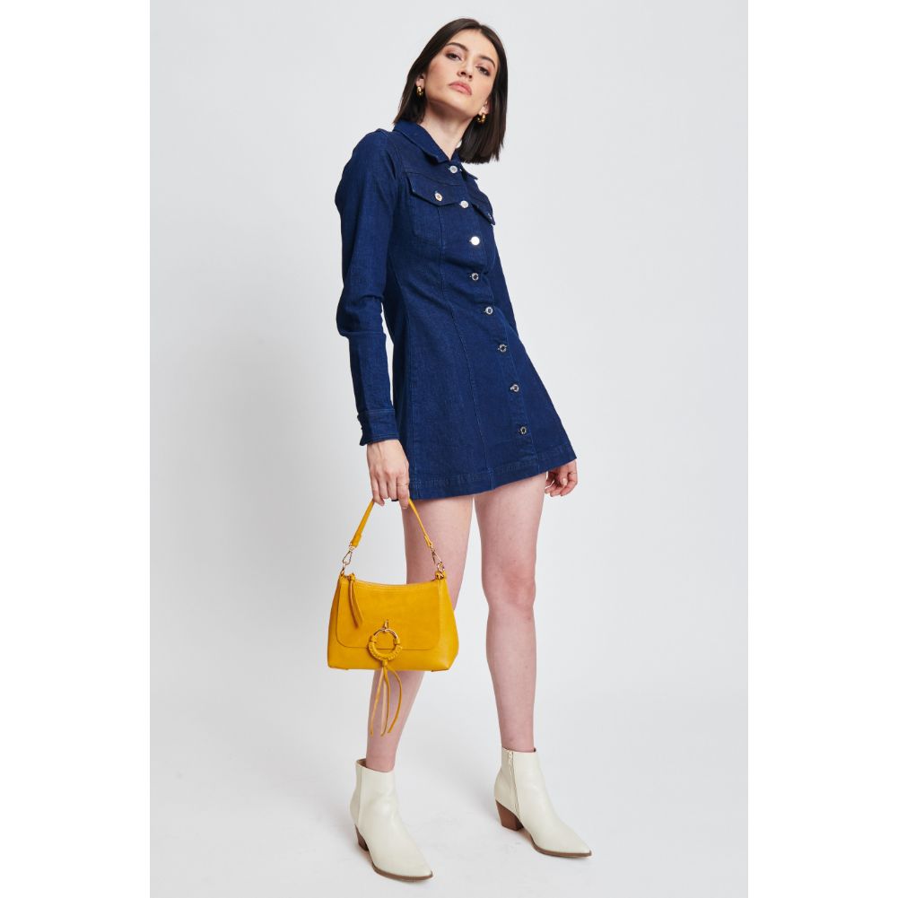 Woman wearing Mustard Moda Luxe Darcie Crossbody 842017131786 View 3 | Mustard