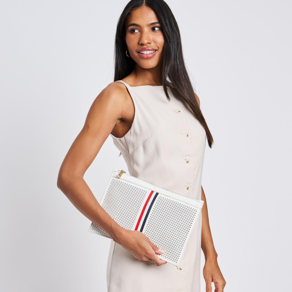 Woman wearing White Moda Luxe Frenchie Clutch 842017120223 View 2 | White