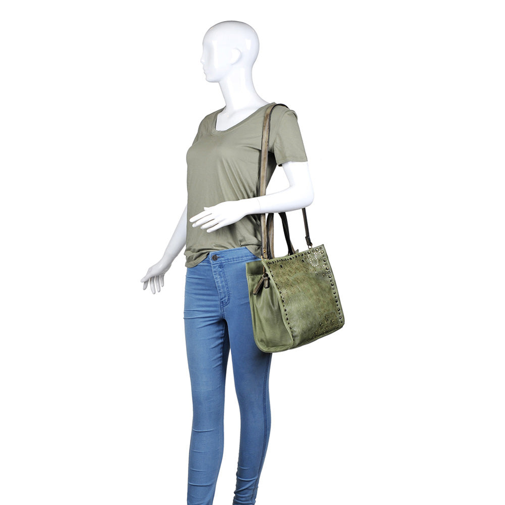 Woman wearing Green Moda Luxe Valerie Tote 842017113768 View 2 | Green