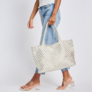 Woman wearing Silver Ivory Moda Luxe Solana - Mixed Material Tote 842017136866 View 4 | Silver Ivory