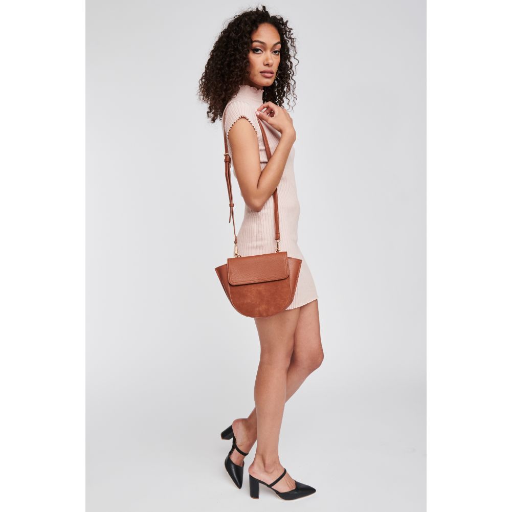 Woman wearing Tan Moda Luxe Juniper Messenger 842017123477 View 4 | Tan