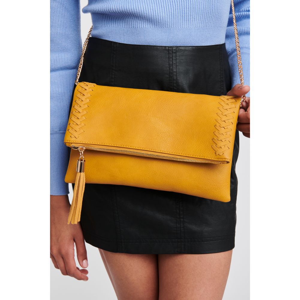 Woman wearing Mustard Moda Luxe Palermo Clutch 842017126676 View 2 | Mustard