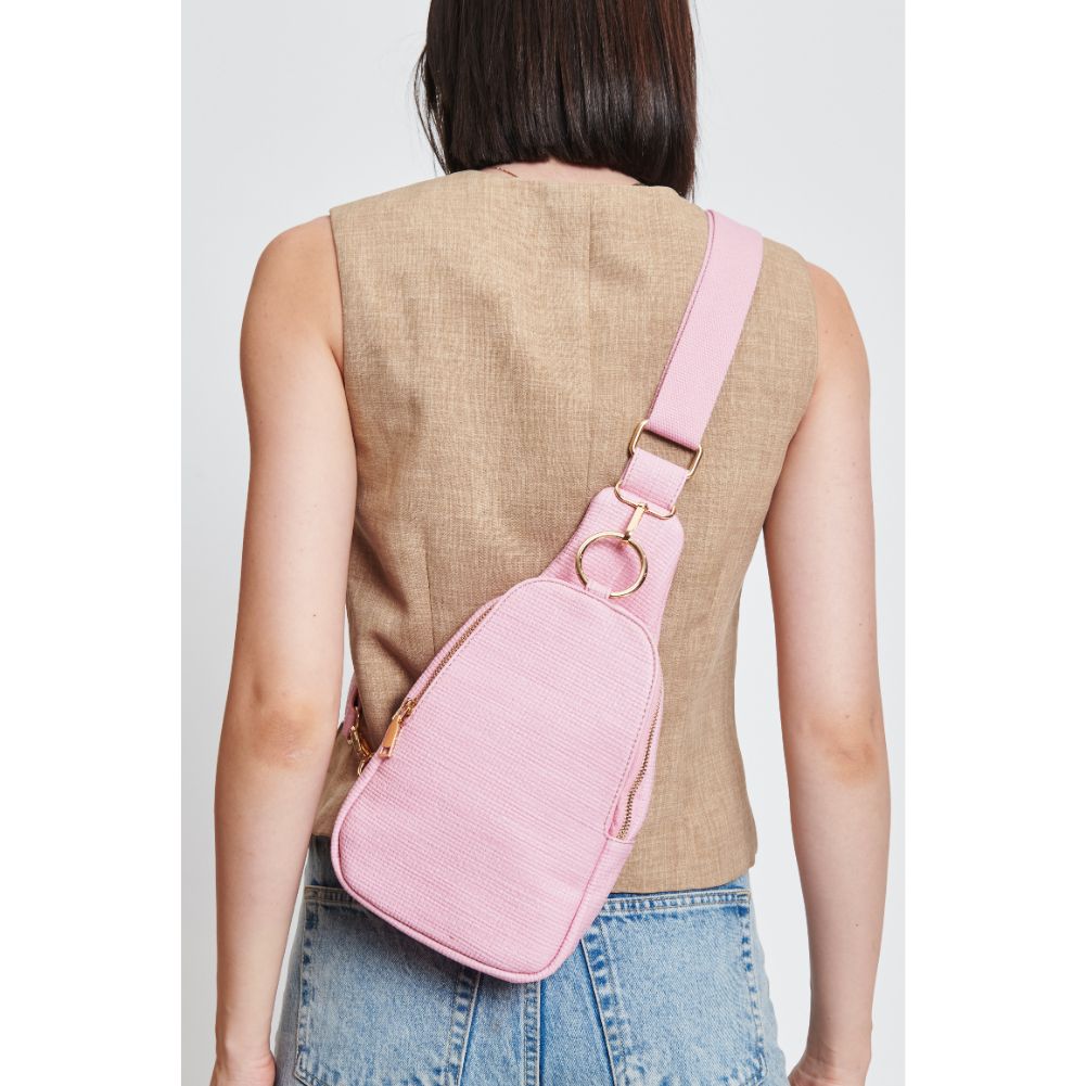 Woman wearing Bubblegum Moda Luxe Regina - Coated Canvas Sling Backpack 842017132639 View 4 | Bubblegum