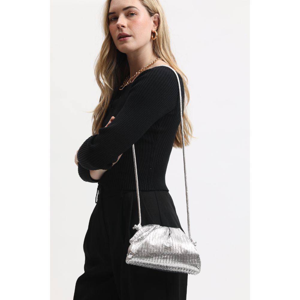 Woman wearing Silver Moda Luxe Laila Crossbody 842017134145 View 1 | Silver