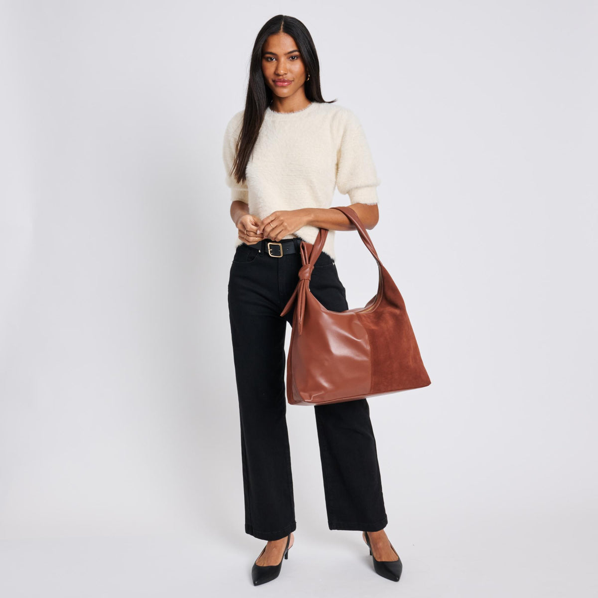 Woman wearing Chocolate Moda Luxe Hazel Hobo 842017137115 View 3 | Chocolate