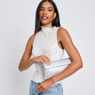 Woman wearing Silver Moda Luxe Priscilla Clutch 842017136569 View 1 | Silver