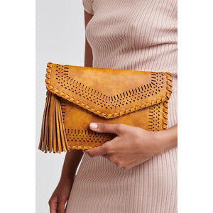 Woman wearing Mustard Moda Luxe Daisy Clutch 842017122234 View 2 | Mustard