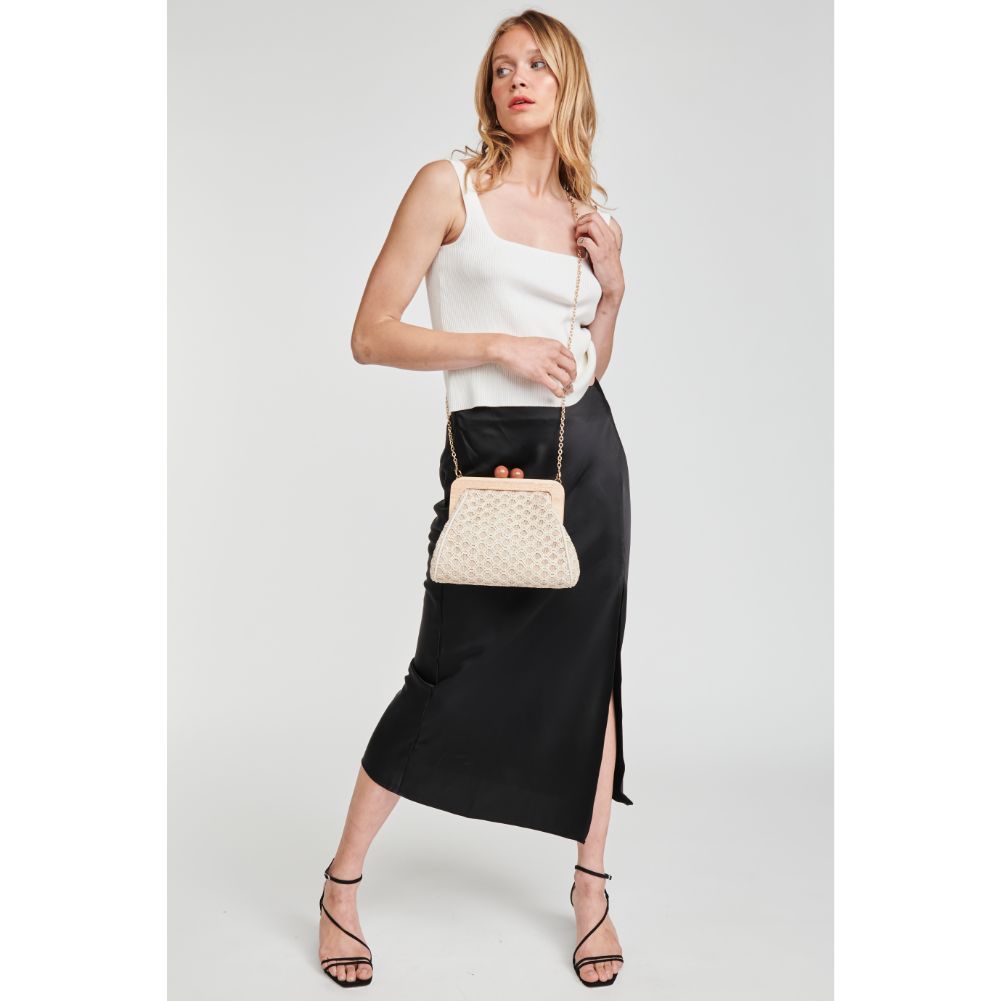 Woman wearing Natural Moda Luxe Brenna Clutch 842017125495 View 2 | Natural