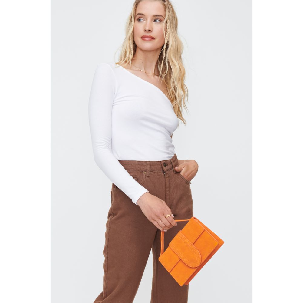 Woman wearing Orange Moda Luxe Elizabeth - Suede Crossbody 842017130550 View 1 | Orange