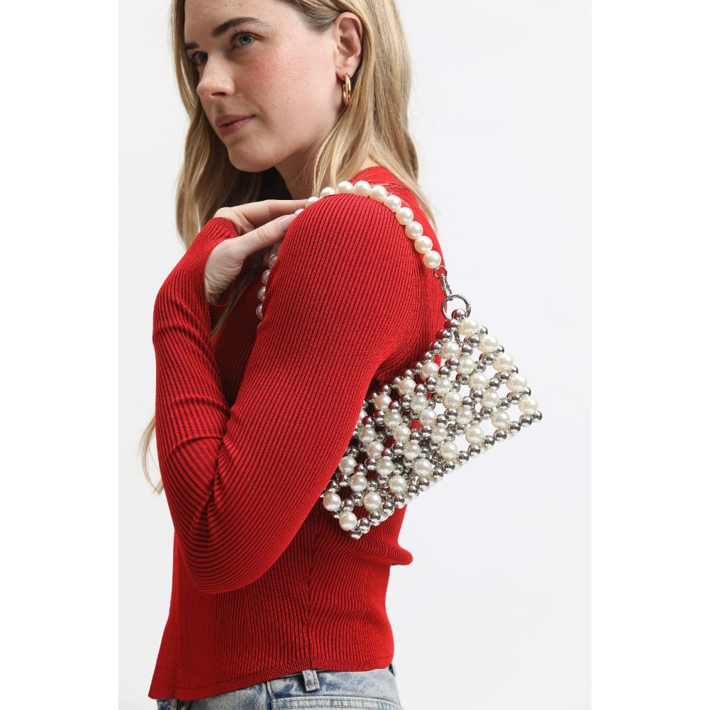 Woman wearing Ivory Silver Moda Luxe Janet Evening Bag 842017133506 View 1 | Ivory Silver