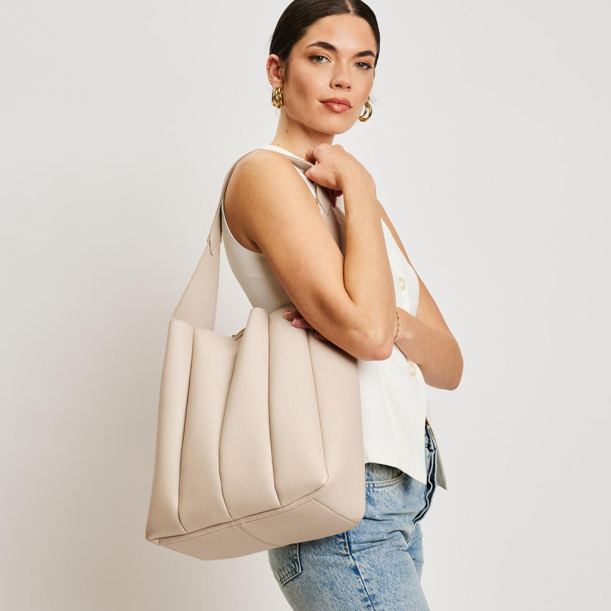 Woman wearing Oatmeal Moda Luxe Zelda Hobo 842017138365 View 2 | Oatmeal