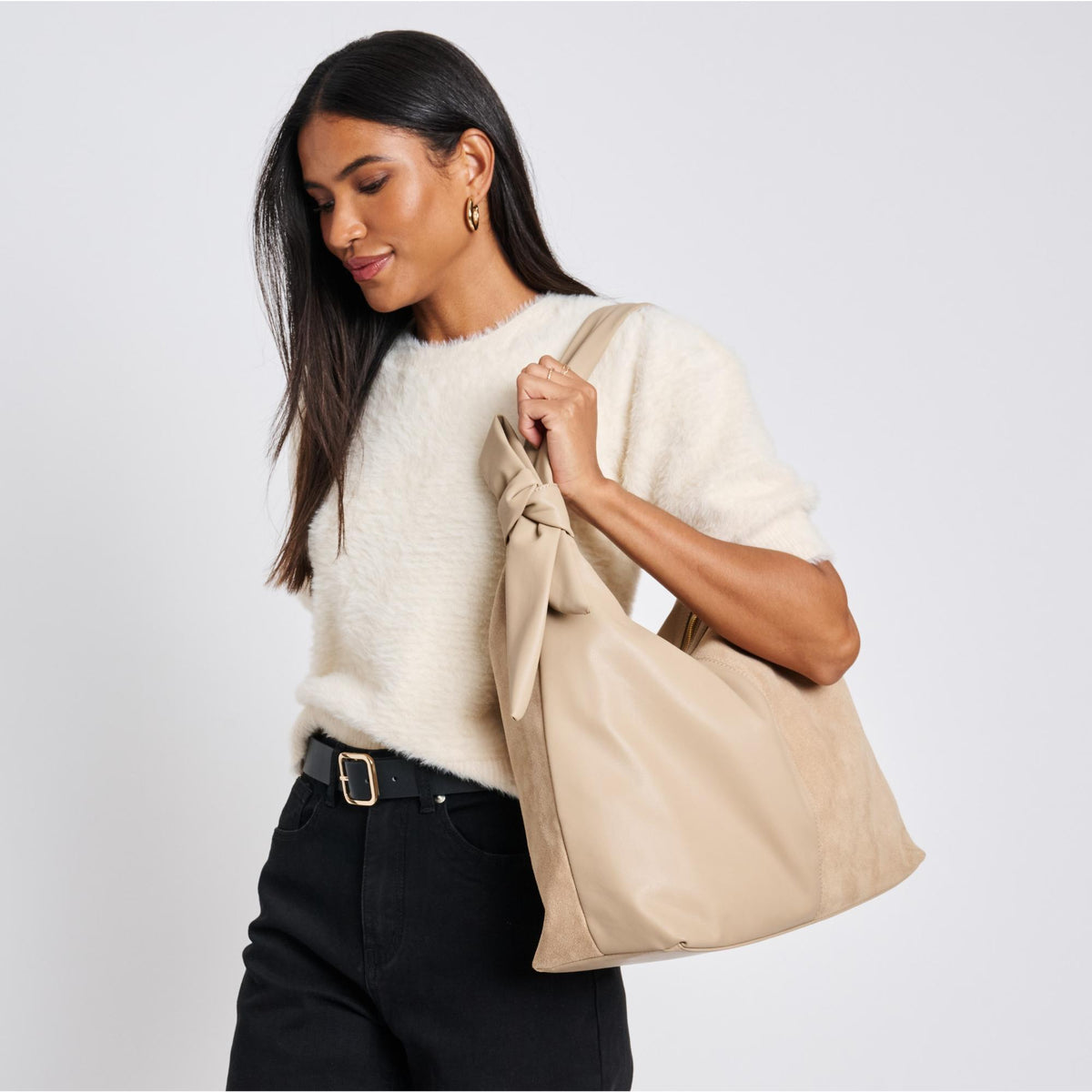 Woman wearing Natural Moda Luxe Hazel Hobo 842017137122 View 2 | Natural