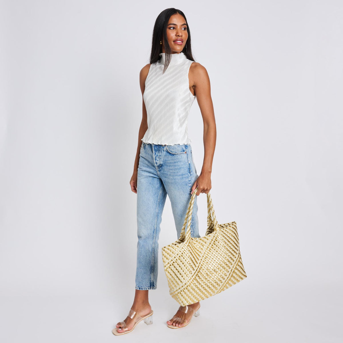 Woman wearing Gold Ivory Moda Luxe Solana - Mixed Material Tote 842017136873 View 3 | Gold Ivory