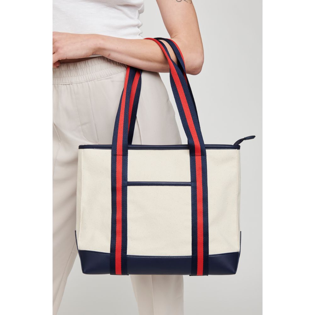 Woman wearing Navy Moda Luxe Candace Tote 842017127673 View 3 | Navy