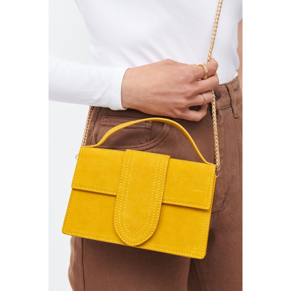 Woman wearing Yellow Moda Luxe Elizabeth - Suede Crossbody 842017130574 View 4 | Yellow