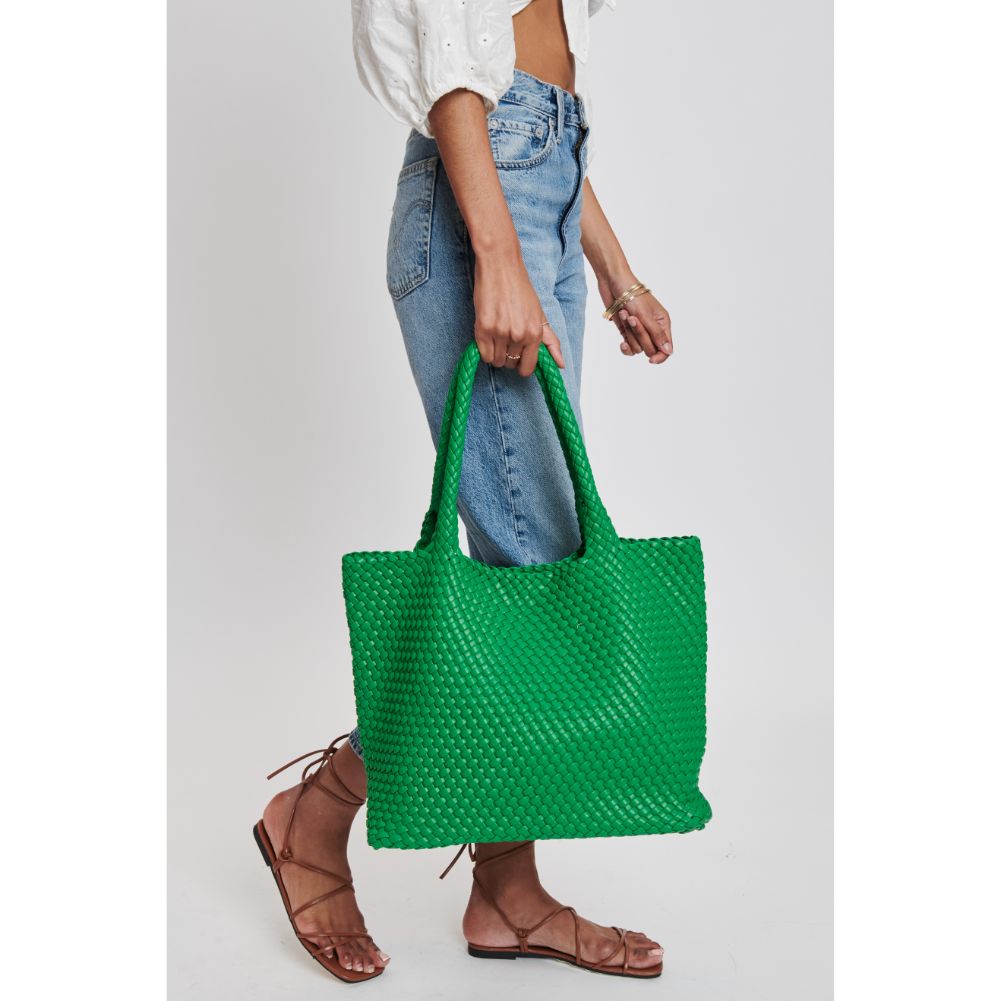 Woman wearing Kelly Green Moda Luxe Solana Tote 842017132981 View 1 | Kelly Green