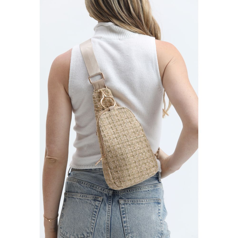 Woman wearing Natural Moda Luxe Regina Sling Backpack 842017133353 View 3 | Natural