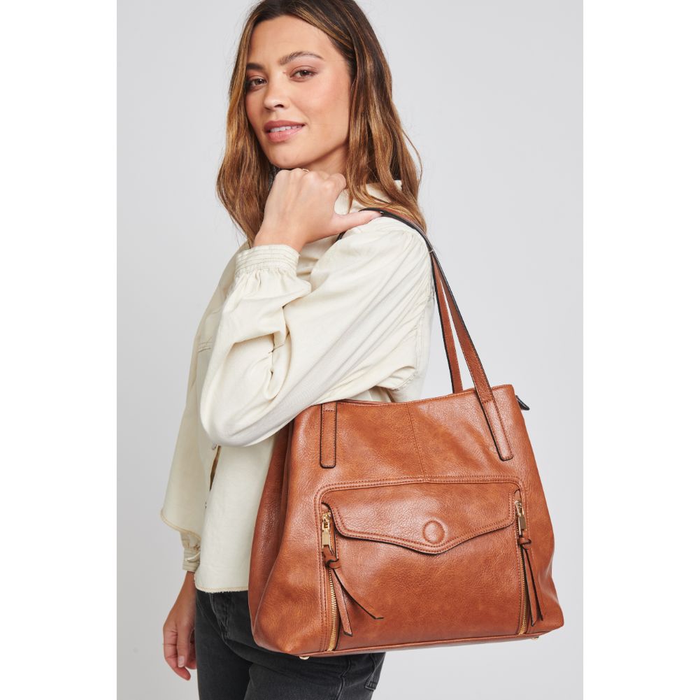 Woman wearing Tan Moda Luxe Elmora Tote 842017130956 View 1 | Tan