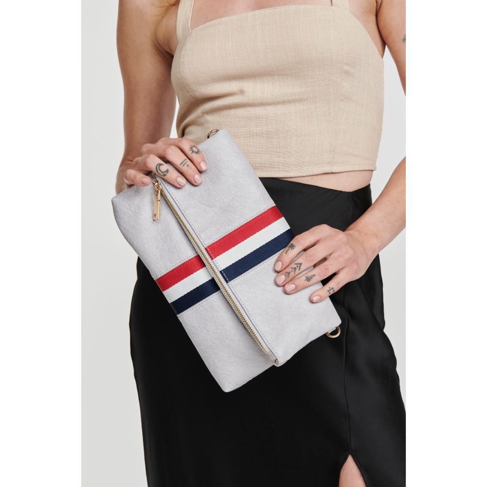 Woman wearing Dove Grey Moda Luxe Jules Clutch 842017120094 View 2 | Dove Grey