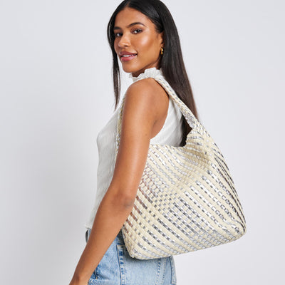 Woman wearing Silver Ivory Moda Luxe Ellery Hobo 842017136880 View 1 | Silver Ivory