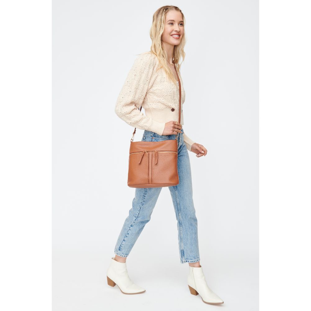 Woman wearing Cognac Moda Luxe Nova Crossbody 842017130369 View 2 | Cognac