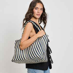 Woman wearing Navy Ivory Moda Luxe Solana - Mixed Material Tote 842017135791 View 1 | Navy Ivory