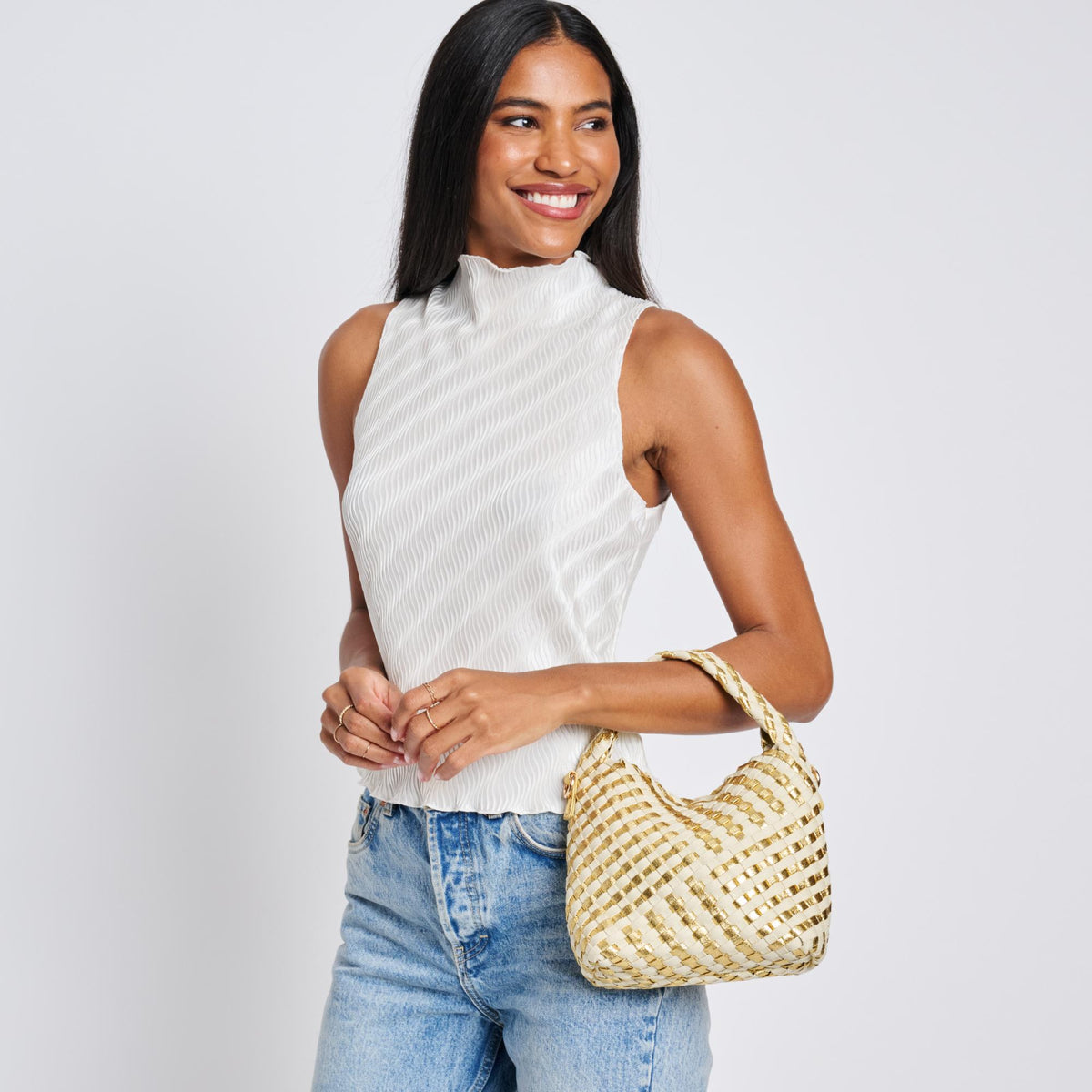 Woman wearing Gold Ivory Moda Luxe Jessamine Crossbody 842017136859 View 2 | Gold Ivory