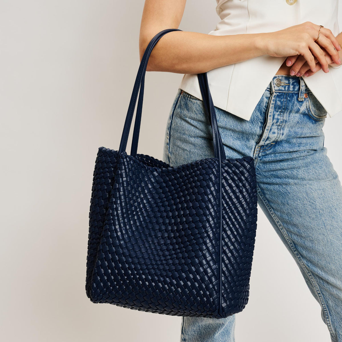 Woman wearing Navy Moda Luxe Gladys Tote 842017137276 View 4 | Navy